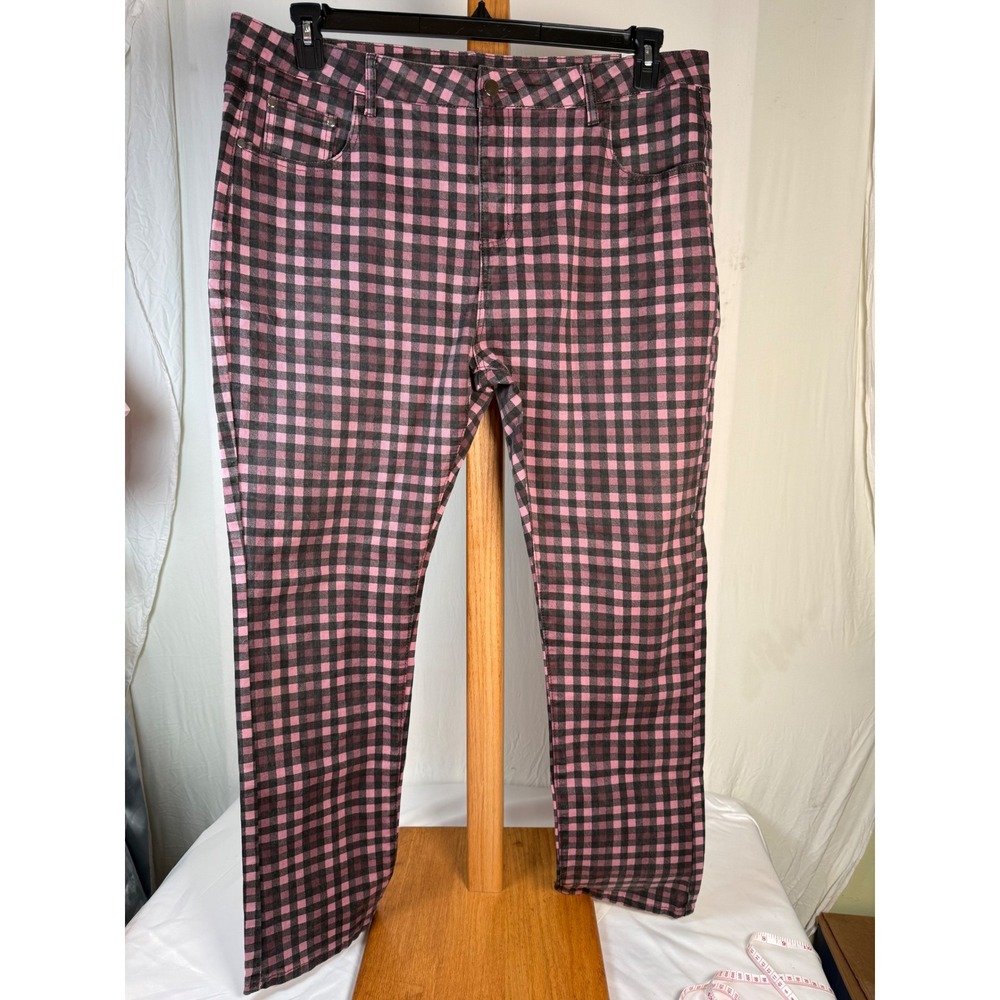 Pink Black Gingham Plaid Check Slim Leg Pants Womens Size40 Cotton Blend Stretch